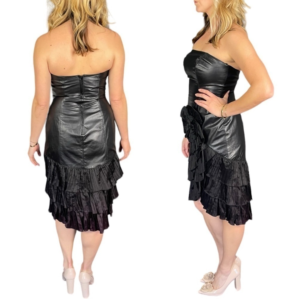 VINTAGE 80S SAMIR ANTONIO RUSPOLI LEATHER STRAPLESS RUFFLE PARTY COCKTAIL DRESS - Picture 2 of 12